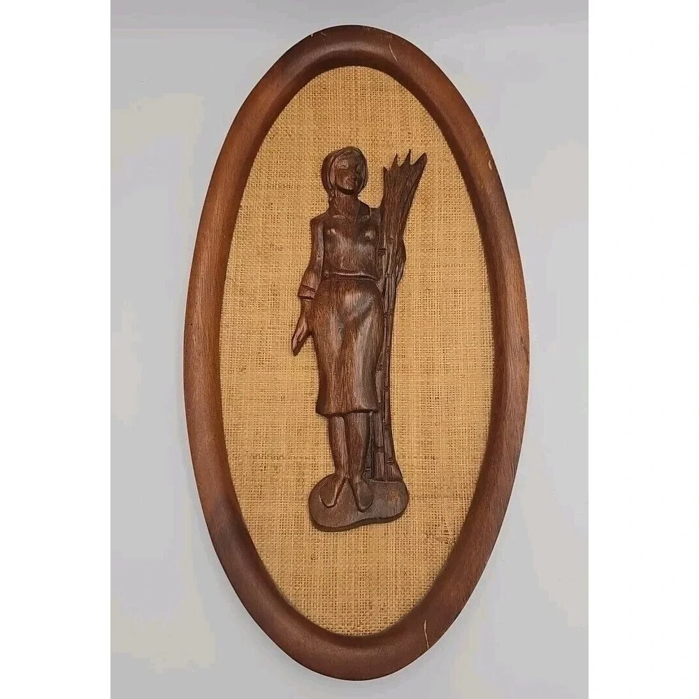 Vintage Hand-Carved Teak Wood Wall Art Oval‎ Shaped Woven Backgrounds MCM